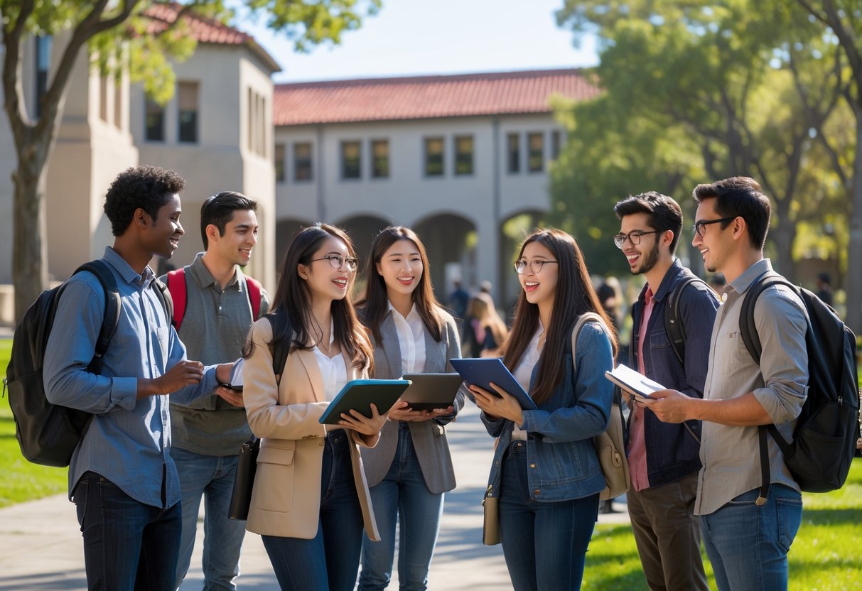 45 Fully Funded Scholarships at Stanford University 2026 31 A diverse group of university students studying together outdoors on a sunny day at a university campus with academic buildings and trees in the background.