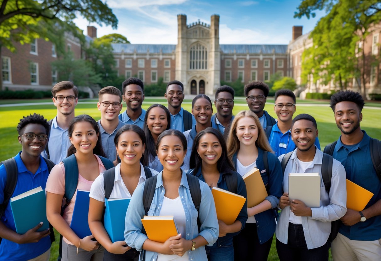 45 Fully Funded Scholarships at Yale University 2026 34 A diverse group of smiling college students standing on Yale University campus with historic buildings and greenery in the background.