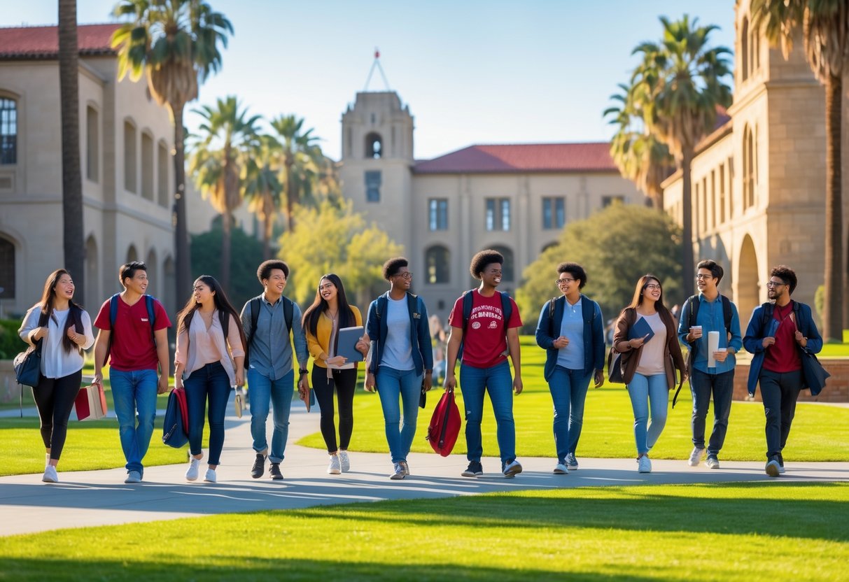 45 Fully Funded Scholarships at Stanford University 2026 32 A group of diverse college students walking and sitting on a university campus with sandstone buildings and palm trees on a sunny day.