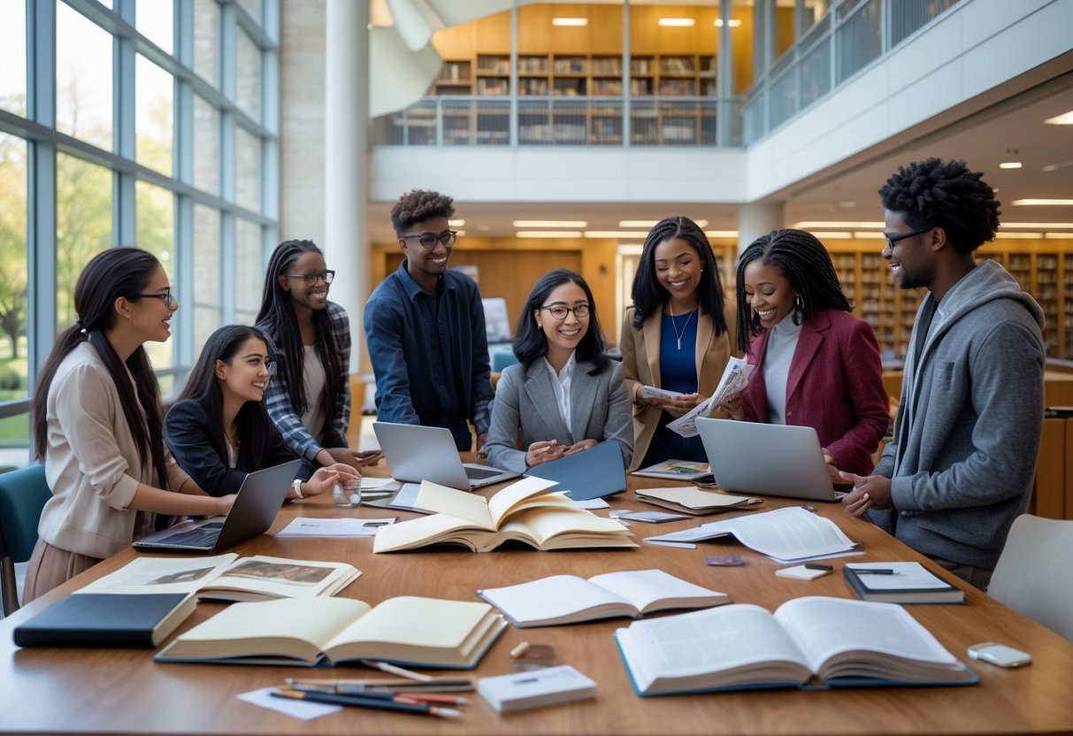 45 Fully Funded Scholarships at Yale University 2026 35 A group of diverse students studying and collaborating in a bright university library with creative materials around them.
