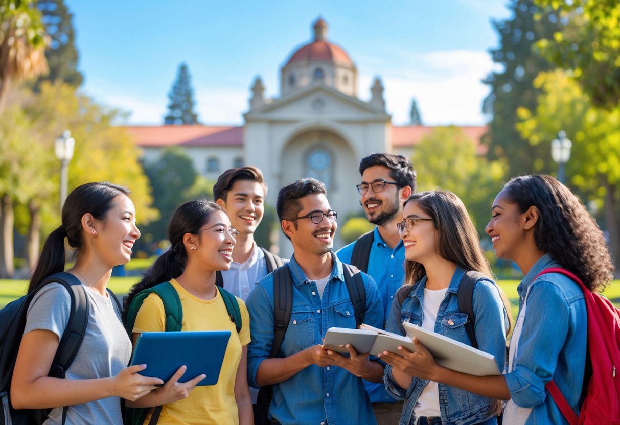 45 Fully Funded Scholarships at Stanford University 2026 33 A group of diverse university students talking and smiling outdoors on a university campus with buildings and trees in the background.