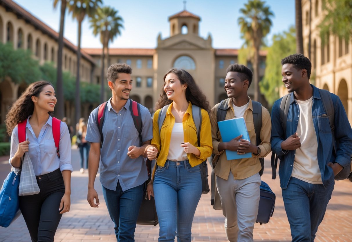 45 Fully Funded Scholarships at Stanford University 2026 34 A group of diverse students walking and talking on a sunny university campus with sandstone buildings and palm trees in the background.