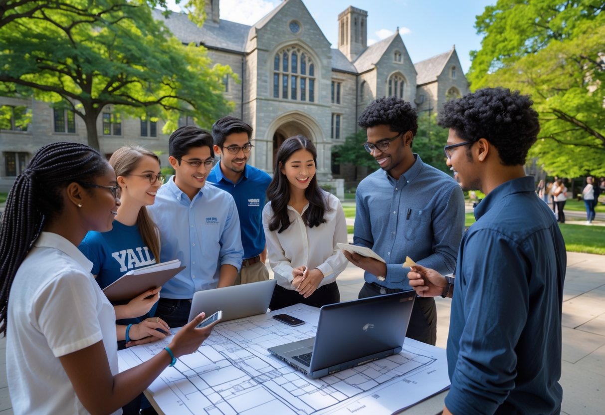 45 Fully Funded Scholarships at Yale University 2026 38 A group of diverse engineering students working together outdoors on the Yale University campus with classic buildings and trees in the background.