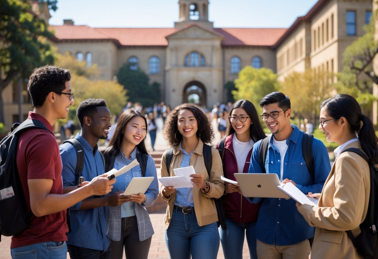 45 Fully Funded Scholarships at Stanford University 2026 35 A diverse group of students studying and smiling together outside Stanford University campus with iconic buildings in the background.