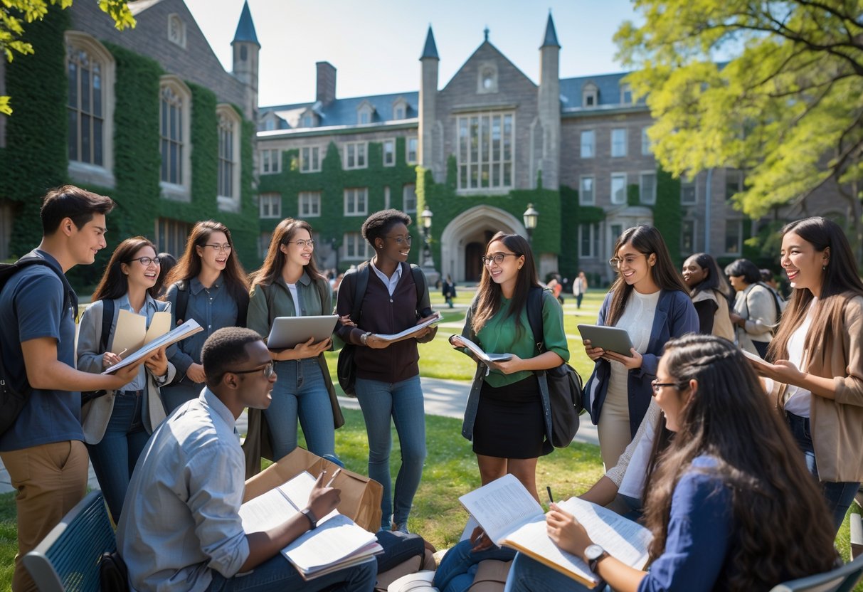 45 Fully Funded Scholarships at Yale University 2026 39 A diverse group of university students studying and discussing together outside on a sunny day at Yale University campus with classic buildings in the background.