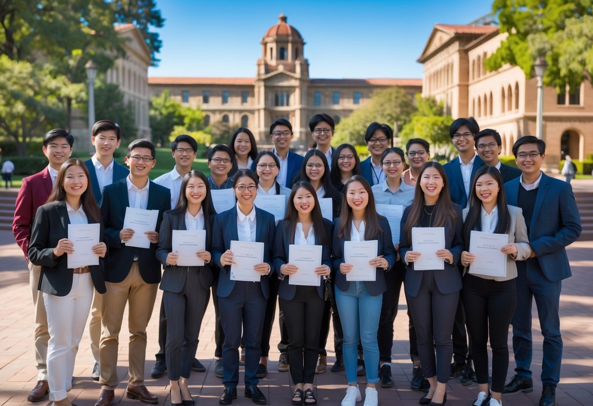 45 Fully Funded Scholarships at Stanford University 2026 36 A group of diverse international students smiling and celebrating outdoors on a university campus with buildings and trees in the background.