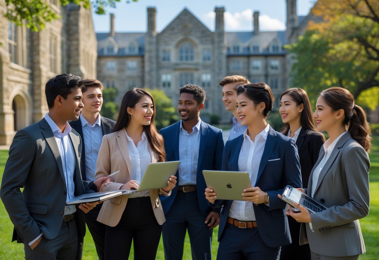 45 Fully Funded Scholarships at Yale University 2026 40 A group of diverse business students talking and working together outside on a university campus with historic buildings in the background.