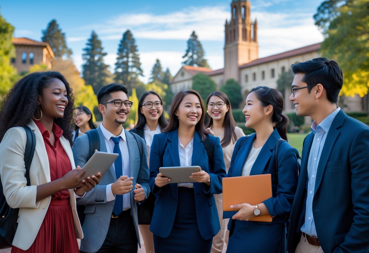45 Fully Funded Scholarships at Stanford University 2026 37 A diverse group of graduate students smiling and talking on a university campus with iconic buildings and greenery in the background.