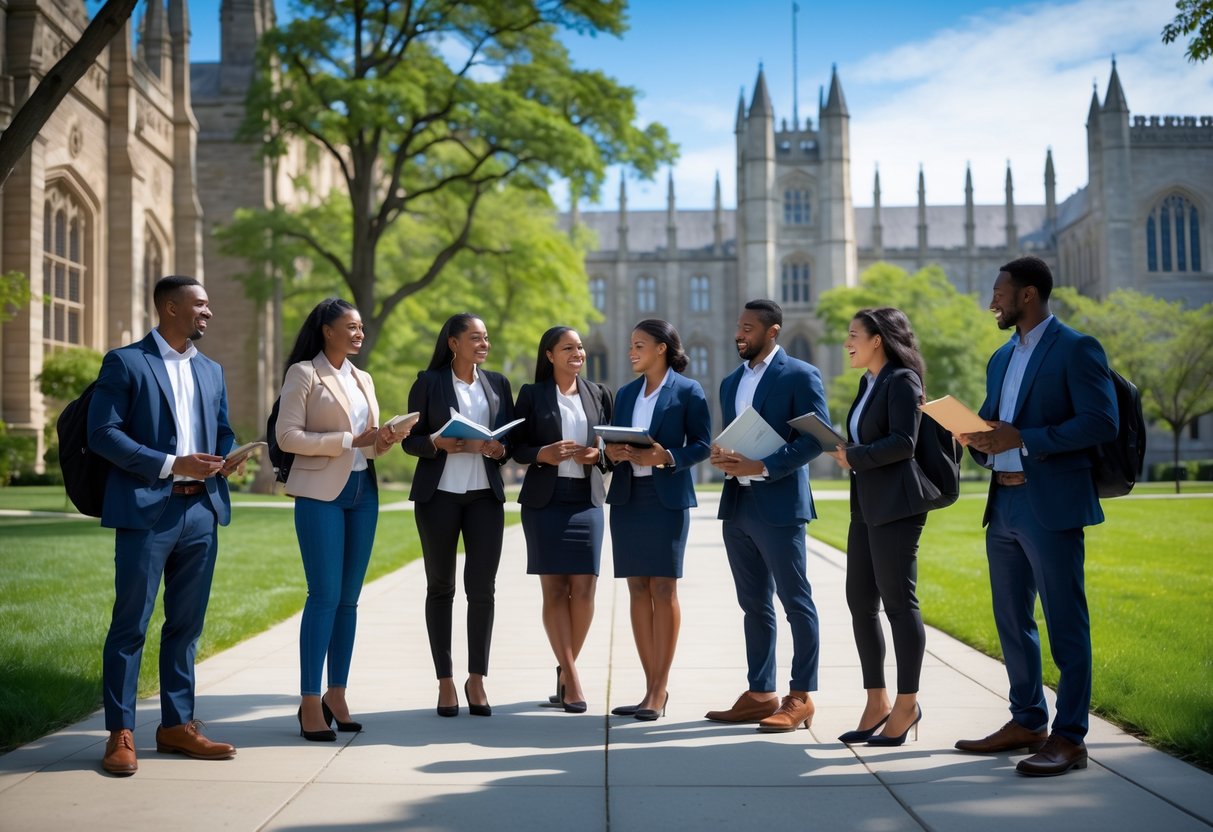 45 Fully Funded Scholarships at Yale University 2026 41 A group of diverse law students studying and talking together outside Yale University campus with historic buildings and green lawns in the background.