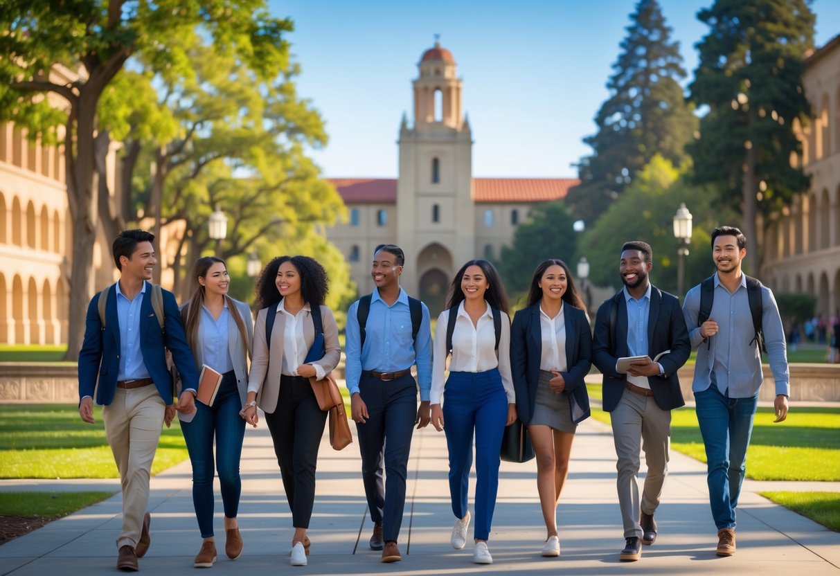 45 Fully Funded Scholarships at Stanford University 2026 38 A group of diverse graduate students walking on the Stanford University campus with historic buildings and trees in the background.