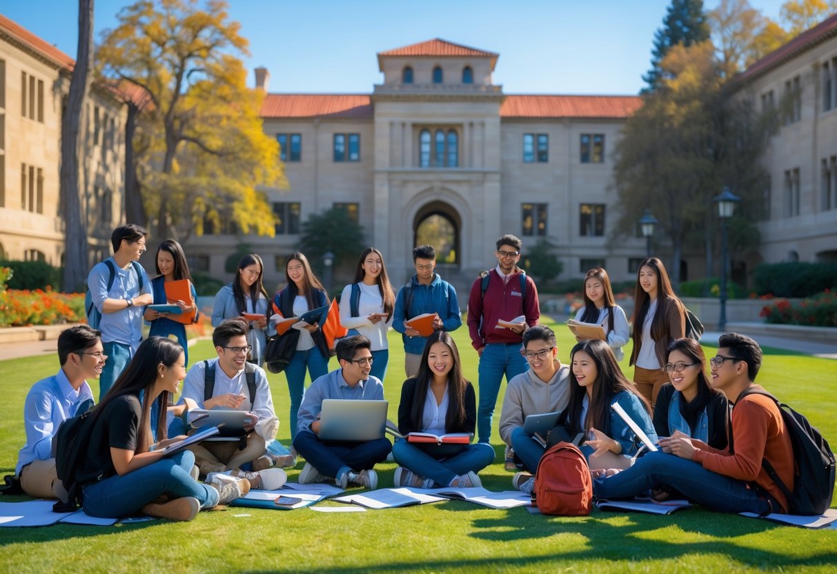 45 Fully Funded Scholarships at Stanford University 2026 39 A group of diverse undergraduate students studying and talking on a sunny day in front of Stanford University's Main Quad buildings.
