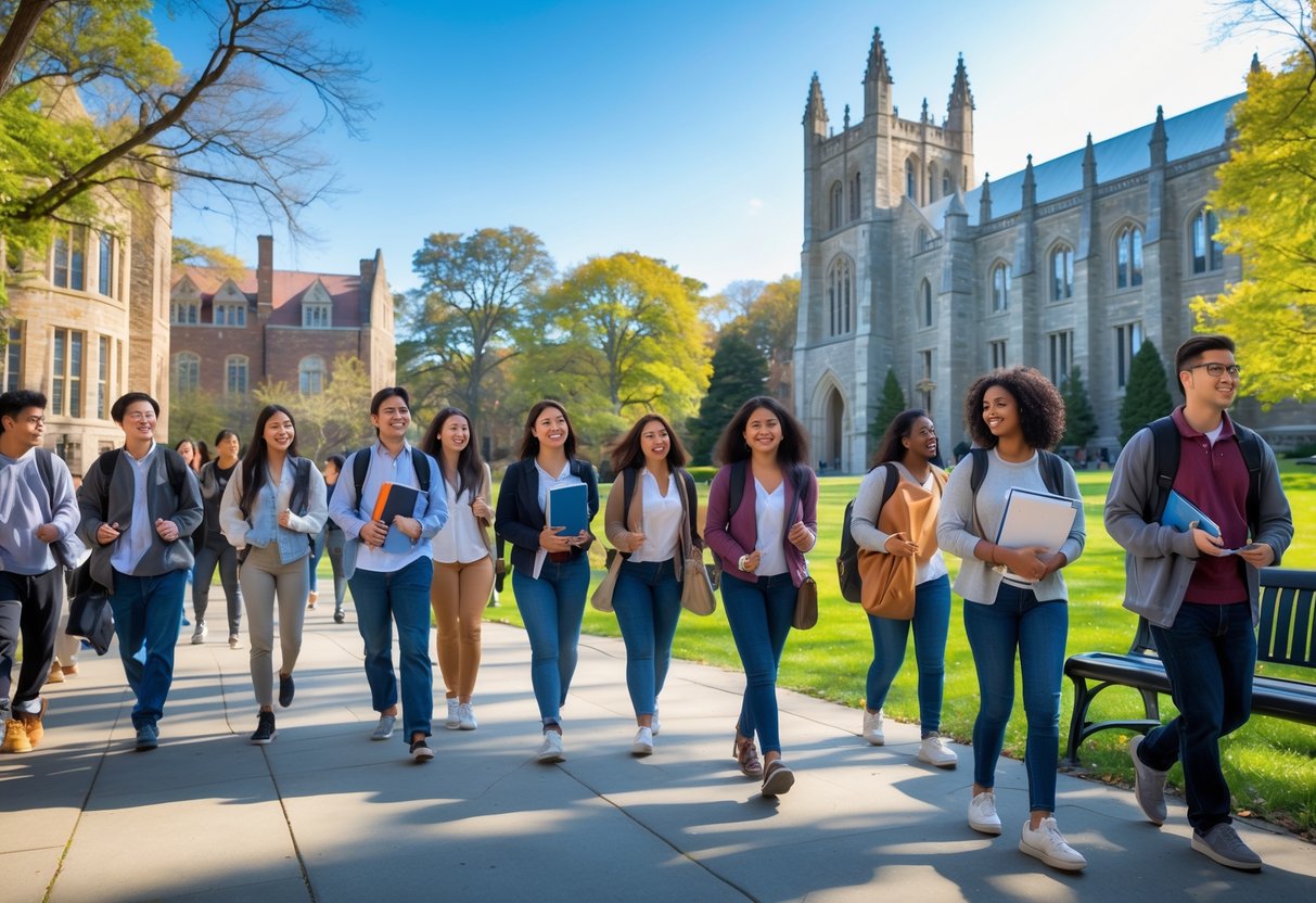 45 Fully Funded Scholarships at Yale University 2026 44 A group of diverse college students carrying textbooks and backpacks on a university campus with historic buildings and green lawns.