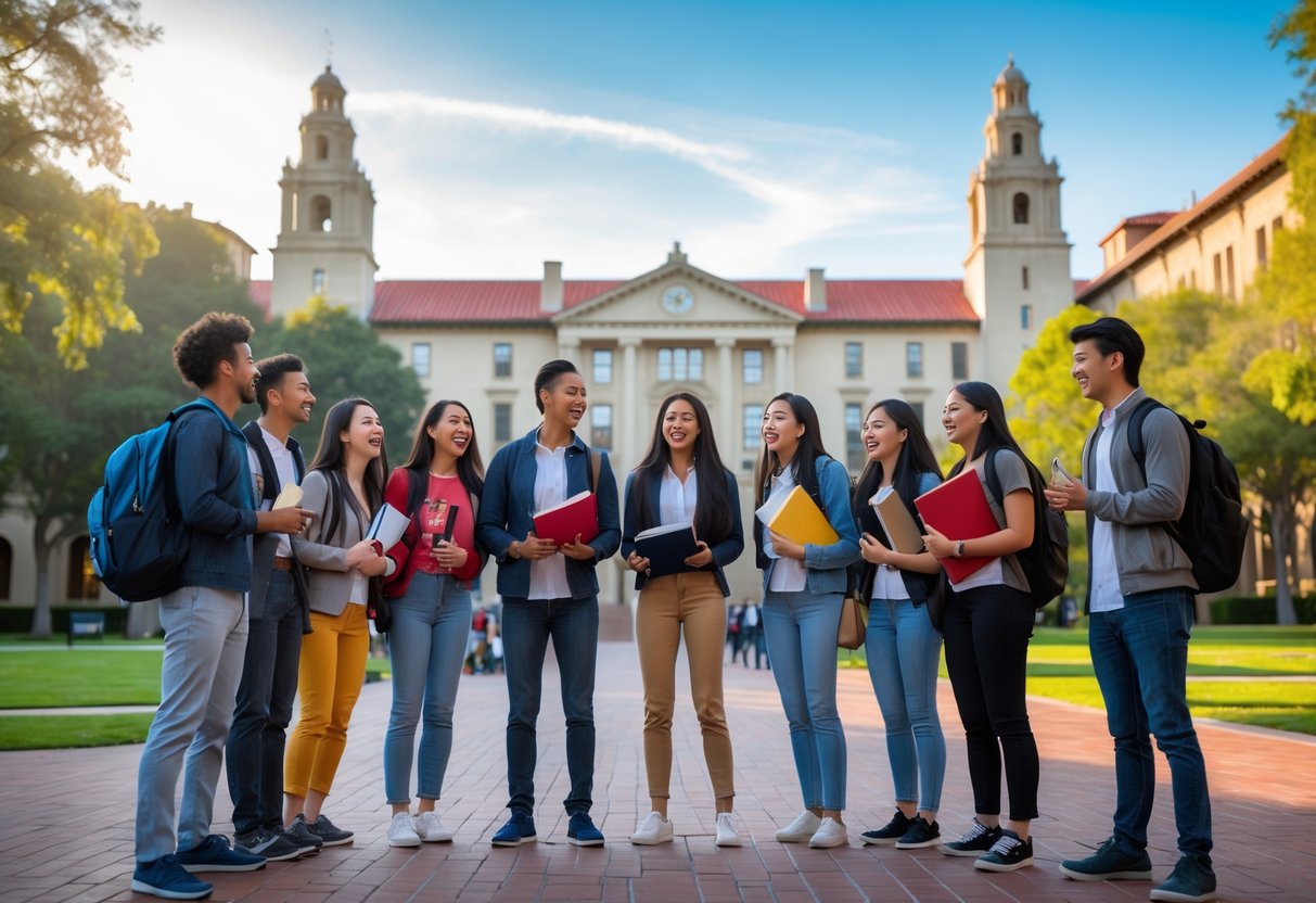 45 Fully Funded Scholarships at Stanford University 2026 40 A group of diverse university students standing and talking on the Stanford University campus with historic buildings and greenery in the background.