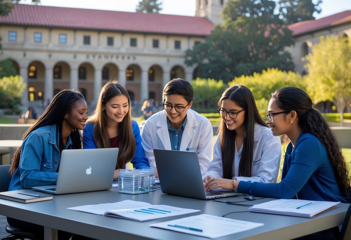 45 Fully Funded Scholarships at Stanford University 2026 41 A diverse group of graduate students collaborating on research outdoors at Stanford University campus with iconic buildings and greenery in the background.
