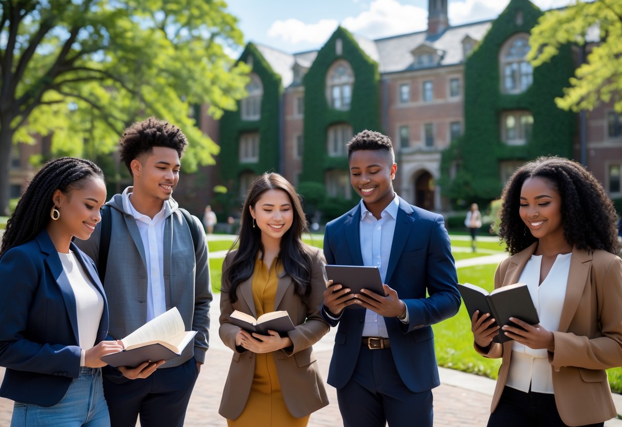 45 Fully Funded Scholarships at Yale University 2026 47 A diverse group of Yale College students studying and talking together outside on the Yale University campus with historic buildings and trees in the background.