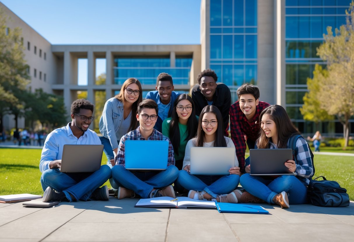 45 Fully Funded Scholarships at Stanford University 2026 43 A group of diverse college students studying together outdoors on a university campus with modern buildings and green lawns.