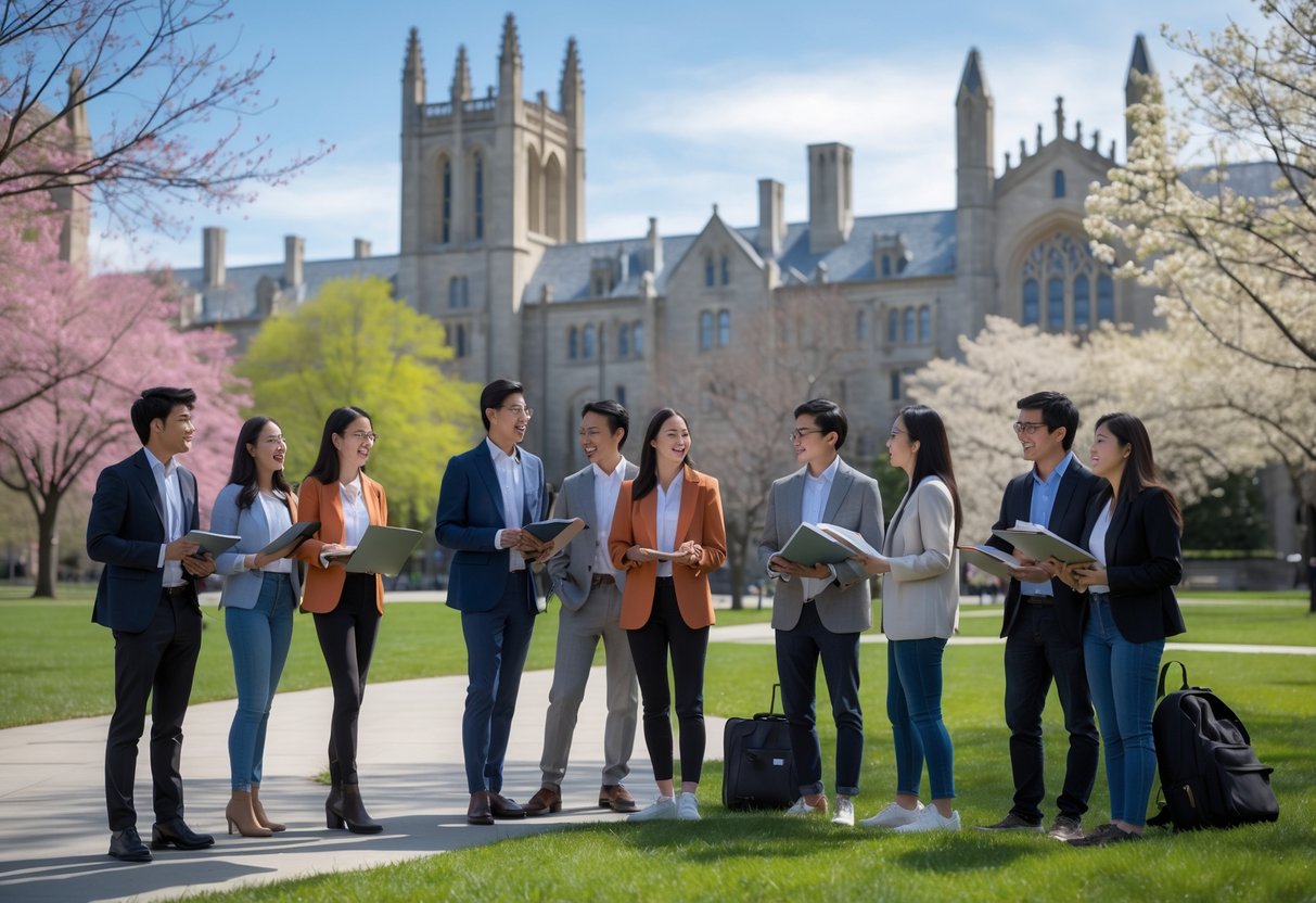 45 Fully Funded Scholarships at Yale University 2026 48 A group of diverse graduate students studying and talking outdoors on a university campus with gothic-style buildings and green lawns in the background.
