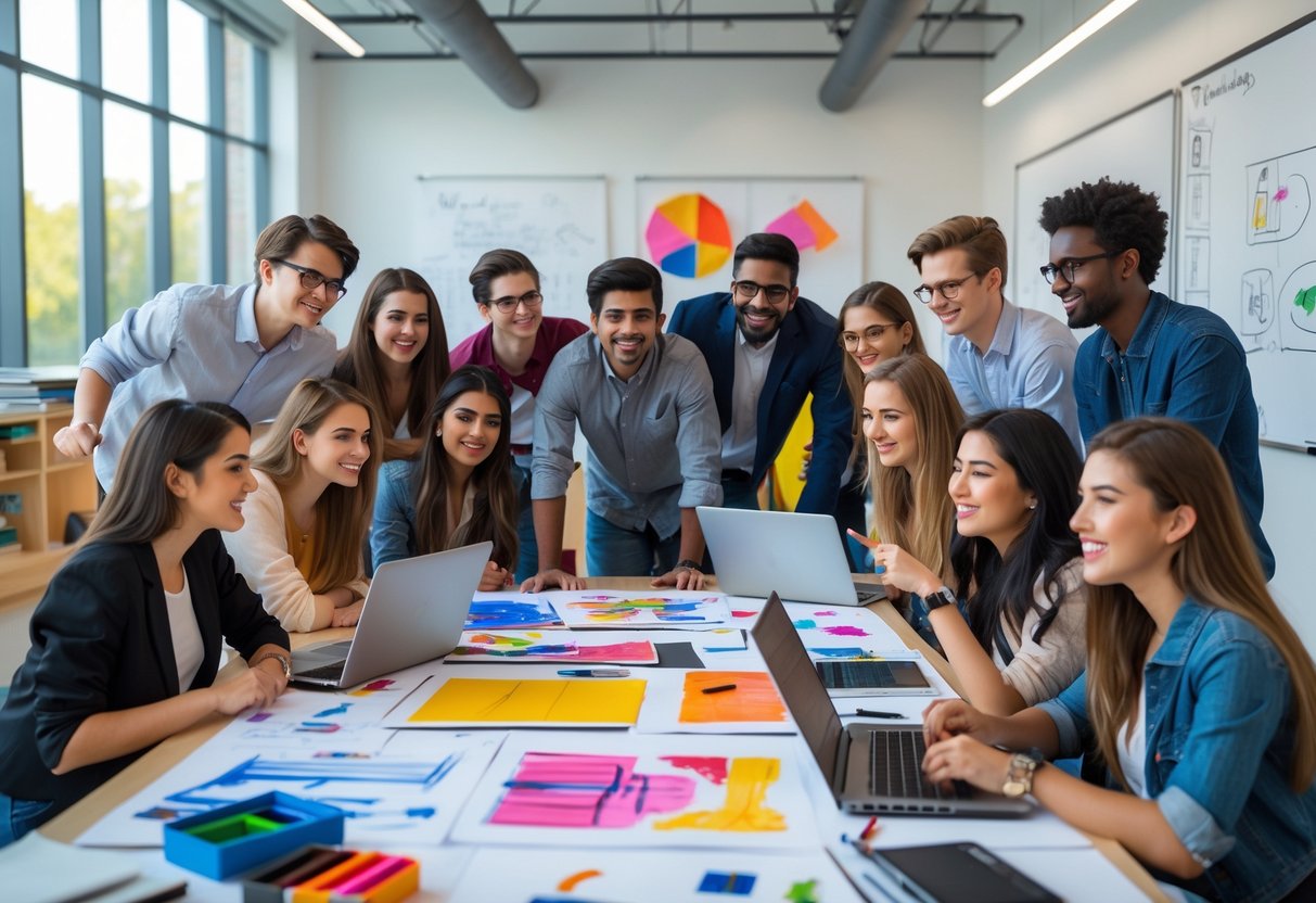 45 Fully Funded Scholarships at Stanford University 2026 44 A diverse group of students collaborating on art and design projects around a table in a bright university room.