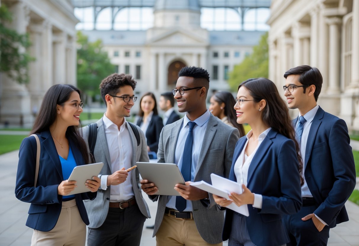 45 Fully Funded Scholarships at Yale University 2026 49 A group of diverse graduate students discussing together on a university campus with classic buildings in the background.