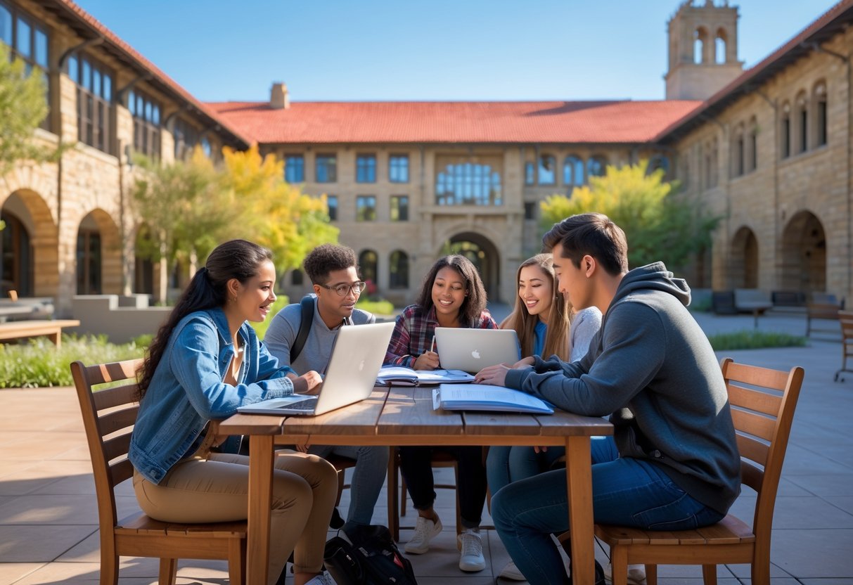 45 Fully Funded Scholarships at Stanford University 2026 47 A group of diverse students studying together outdoors on a university campus with classic buildings in the background.