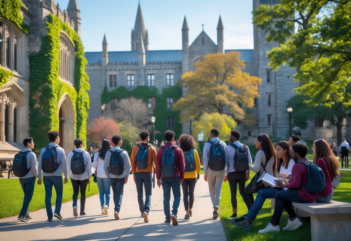 45 Fully Funded Scholarships at Yale University 2026 51 A group of diverse students studying and walking on the Yale University campus with historic buildings in the background.