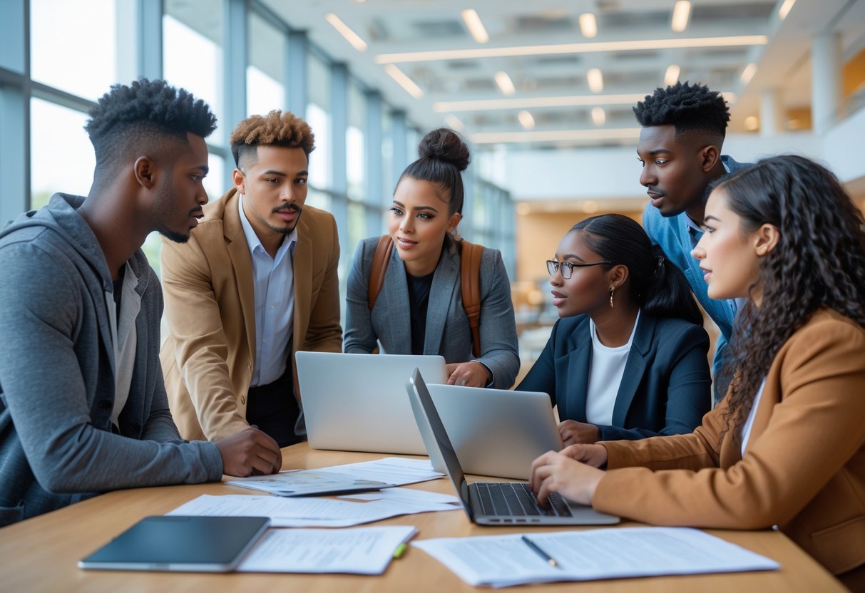 45 Fully Funded Scholarships at Yale University 2026 52 A diverse group of young adults discussing and working together around a table with laptops and documents in a bright university study area.
