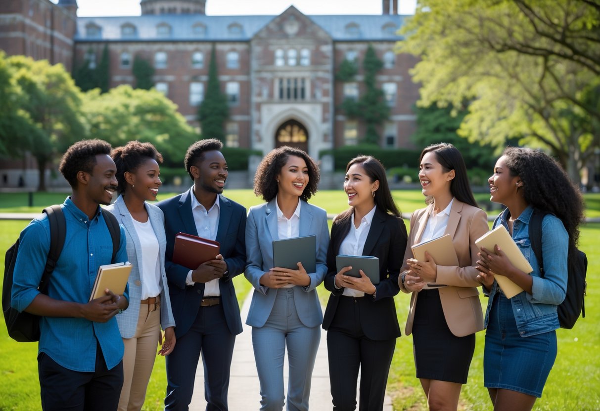 45 Fully Funded Scholarships at Yale University 2026 53 A diverse group of students smiling and standing together on the Yale University campus with historic buildings and green trees in the background.