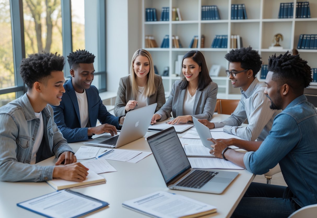 45 Fully Funded Scholarships at Stanford University 2026 50 A group of young adults collaborating around a table with laptops and documents in a bright study room.