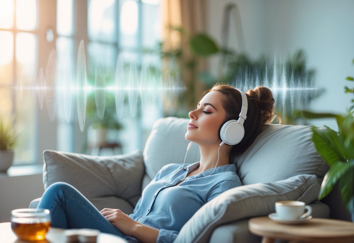 A young woman wearing headphones sits peacefully with her eyes closed in a bright, cozy living room surrounded by plants and soft natural light.  Binaural Beats for Anxiety and Stress Relief