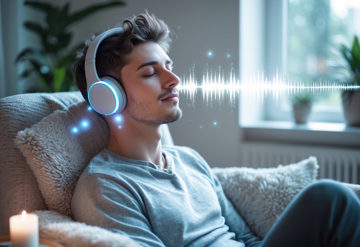 A person wearing headphones with closed eyes sitting peacefully in a softly lit room surrounded by calming elements like plants and cushions.  Binaural Beats for Anxiety and Stress Relief