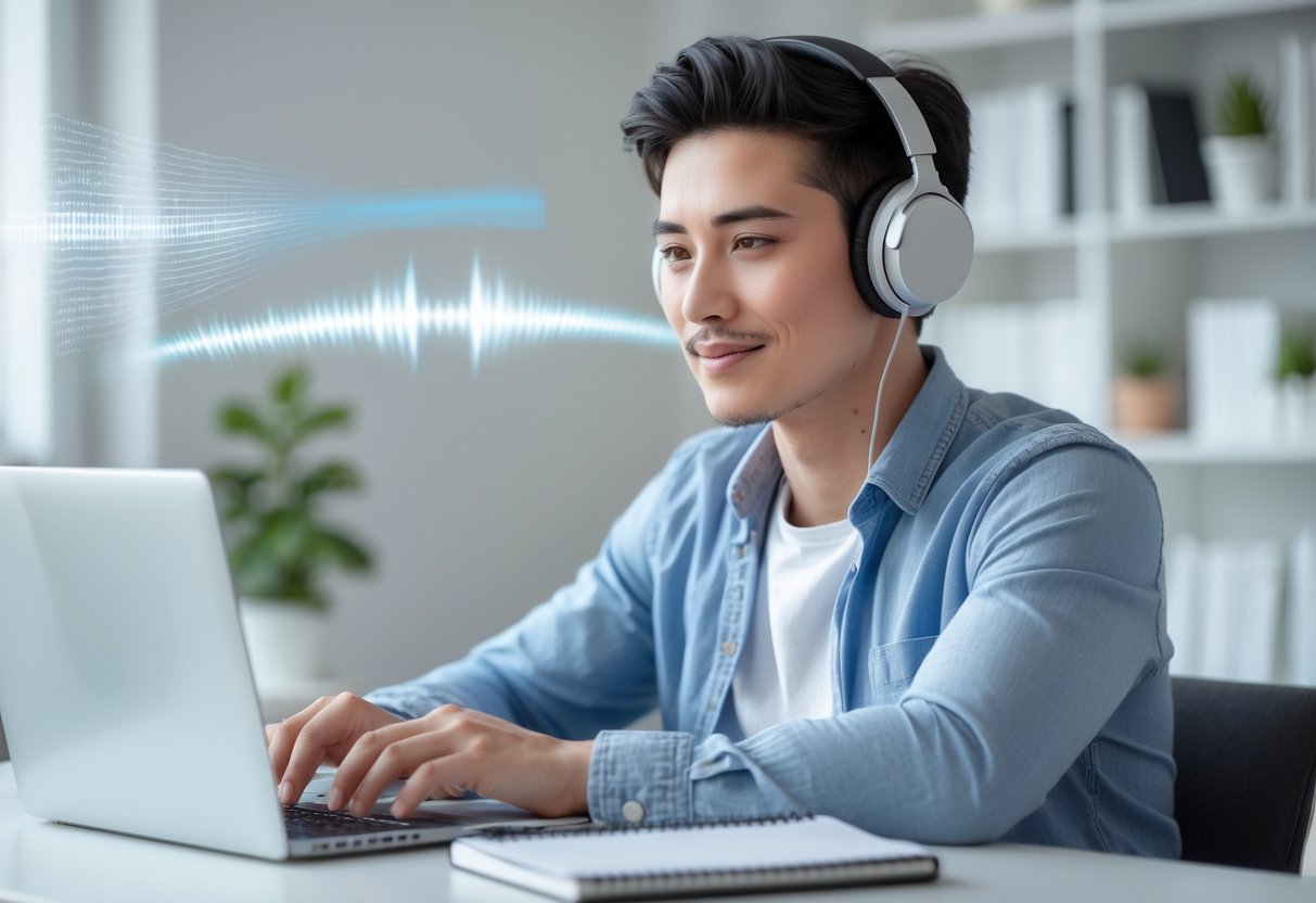 A young adult wearing headphones sits at a desk with a laptop, appearing focused in a bright home office.