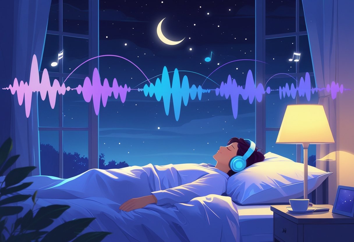 A person sleeping peacefully in bed wearing headphones with colorful sound waves around their head, a night sky visible through the window.  binaural beats and sleep
