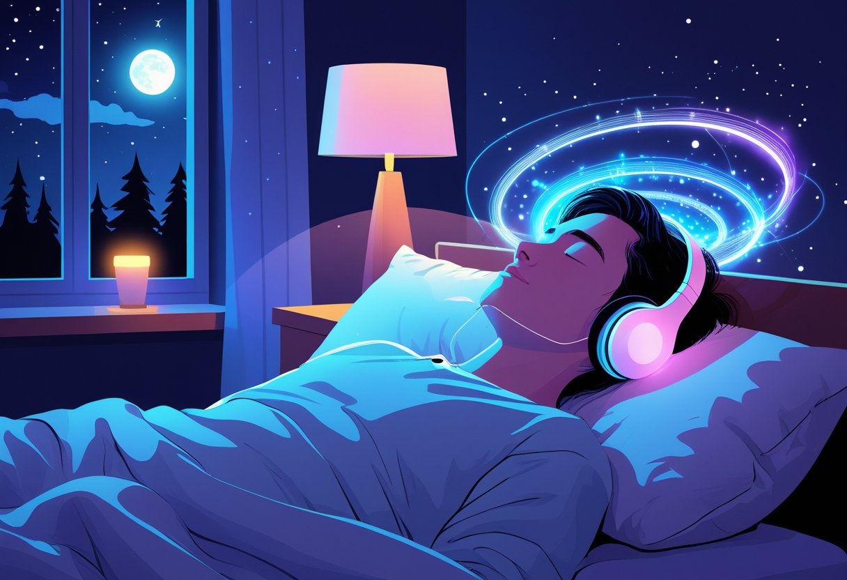 A person lying in bed at night wearing headphones with colorful waves around their head, indicating calming sounds to help with sleep.  binaural beats and sleep