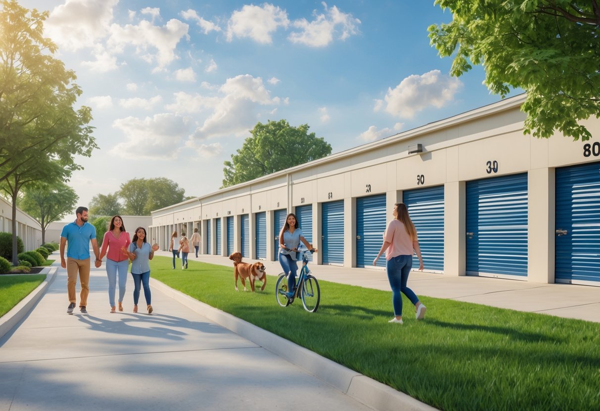 A clean storage facility with rows of storage units and people enjoying outdoor activities nearby on a sunny day.