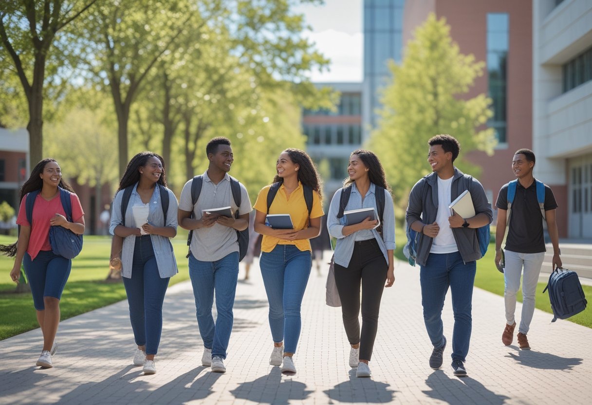 Diverse college students walking and talking on a sunny university campus pathway with trees and academic buildings in the background.