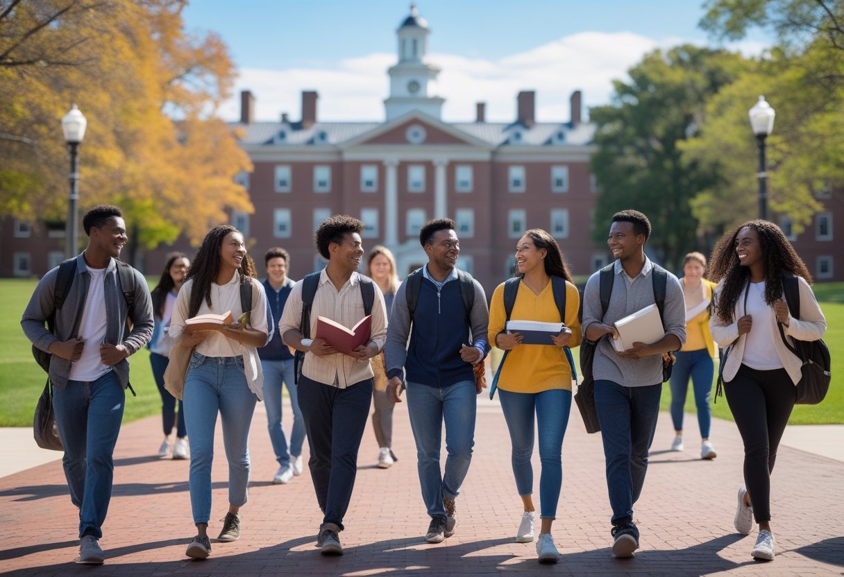 A group of diverse university students walking and talking on a sunny campus with historic buildings and green lawns.