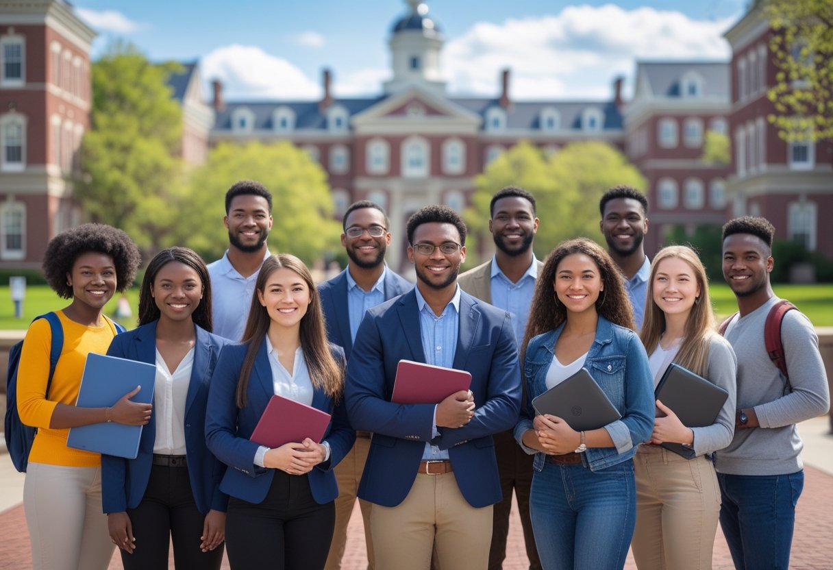 A group of diverse university students standing outside on a sunny day with campus buildings and trees in the background.