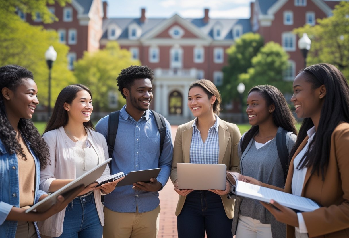 A group of diverse college students studying together outdoors on a university campus with red brick buildings and trees in the background.