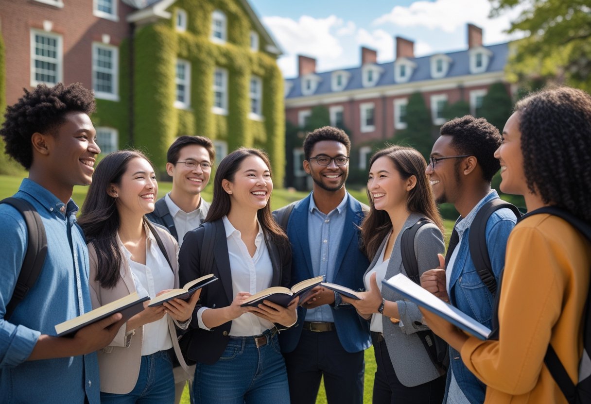 A group of diverse university students standing and smiling together on a university campus with classic buildings and green lawns.