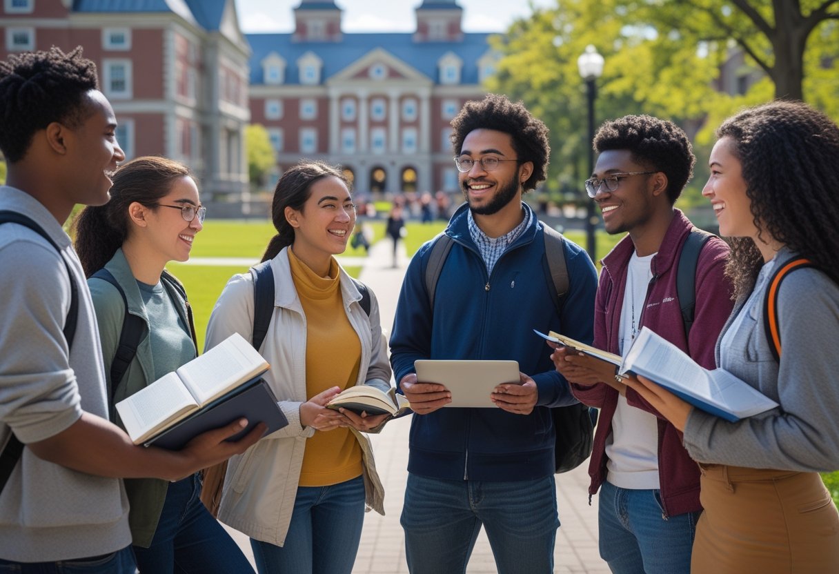 A diverse group of university students studying and talking together outdoors on a university campus.