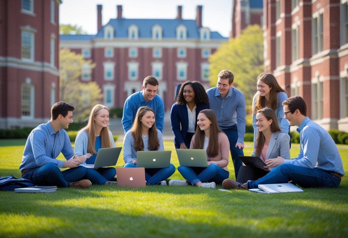 A diverse group of graduate students studying and talking together outside on a university campus with red brick buildings and green lawns.