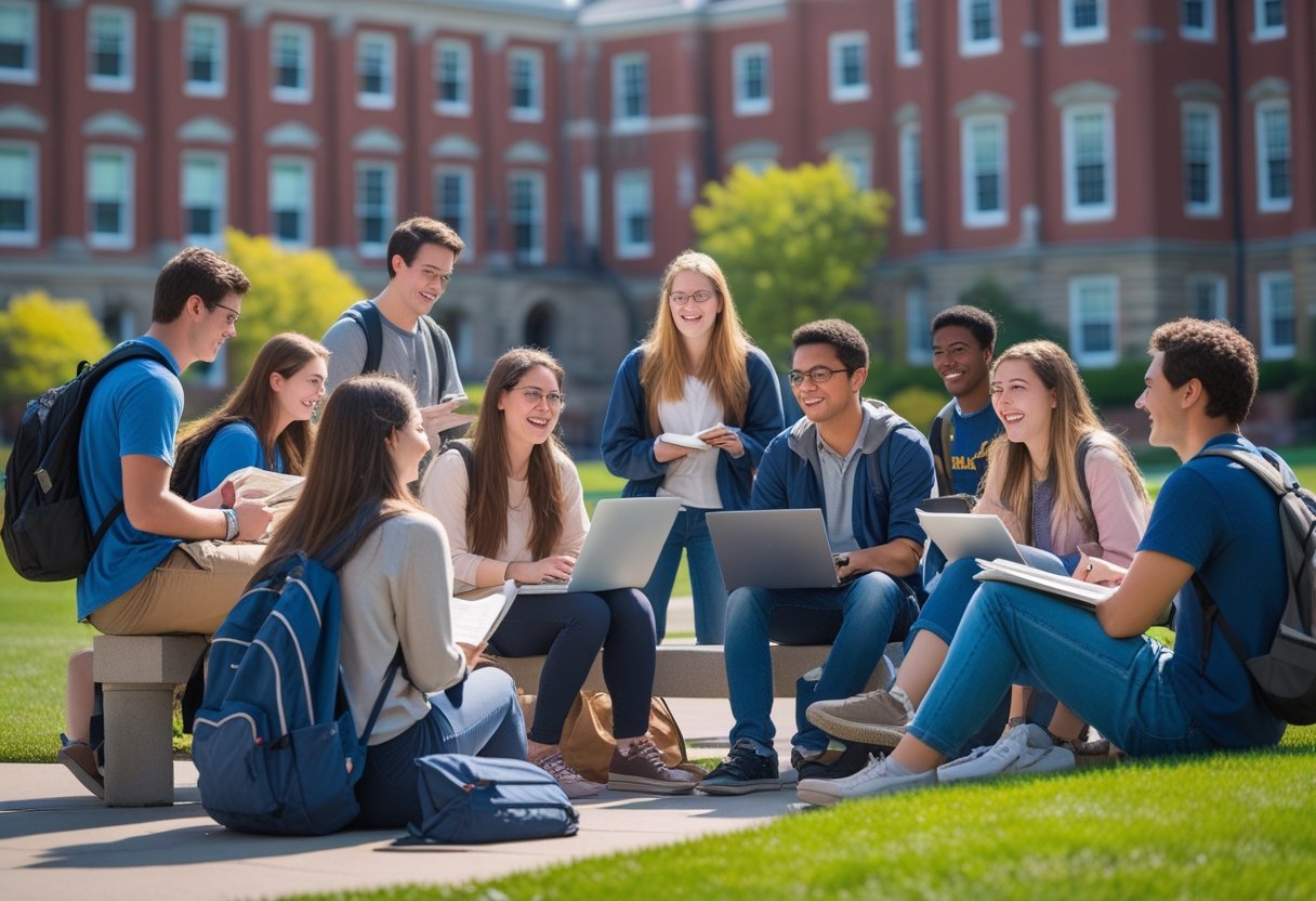 A group of diverse university students studying and talking outdoors on a sunny day on a college campus with red brick buildings and green lawns.