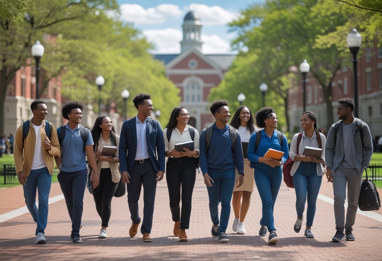 45 Fully Funded Scholarships at Columbia University 2026 15 A group of diverse college students walking and talking on a university campus with classic buildings and trees in the background.
