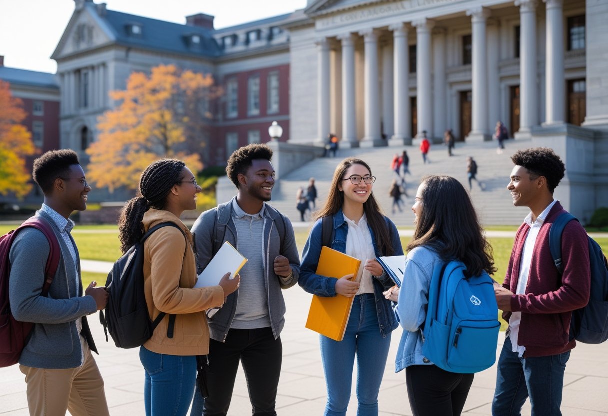 45 Fully Funded Scholarships at Columbia University 2026 16 A diverse group of university students standing and talking on Columbia University campus with iconic buildings in the background on a sunny day.