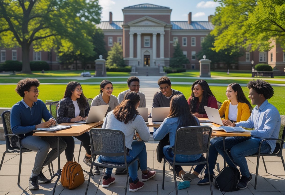 45 Fully Funded Scholarships at Columbia University 2026 17 A diverse group of college students studying together outdoors on Columbia University campus with historic buildings and green lawns in the background.
