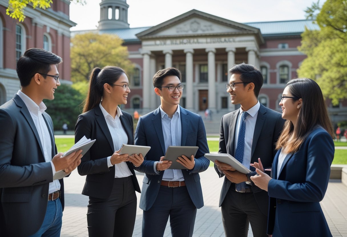 45 Fully Funded Scholarships at Columbia University 2026 18 A diverse group of graduate students discussing together outdoors on Columbia University campus with historic buildings in the background.