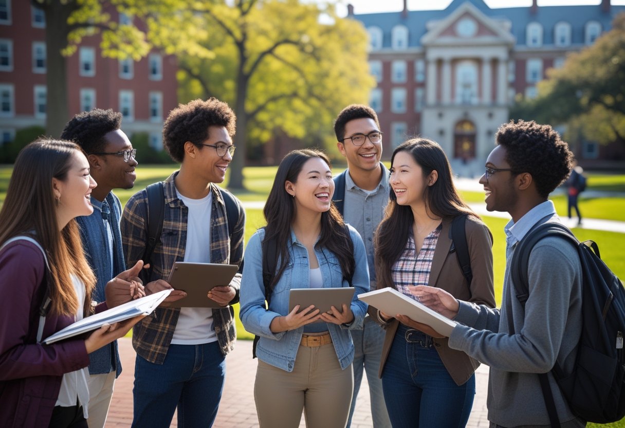 45 Fully Funded Scholarships at Columbia University 2026 19 A group of diverse university students talking and studying together outdoors on a sunny day at a university campus.