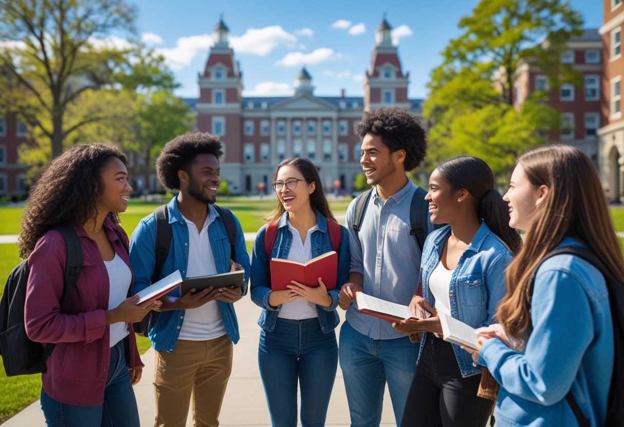 A diverse group of university students talking and studying together outdoors on a sunny day at a university campus.