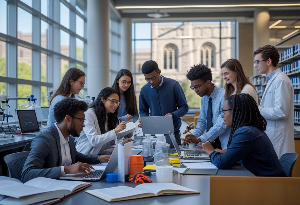 45 Fully Funded Scholarships at Columbia University 2026 21 A diverse group of students working together in a university research lab with Columbia University buildings visible outside.