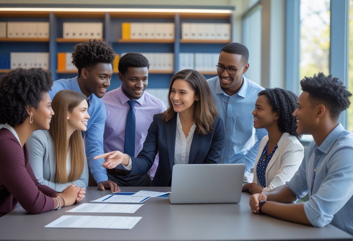 Students meeting with a financial aid advisor in a university office discussing scholarship opportunities.